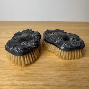 Vintage Ornate Repousse Floral Hair Clothes Brushes Set Silver Tone Rose Petal